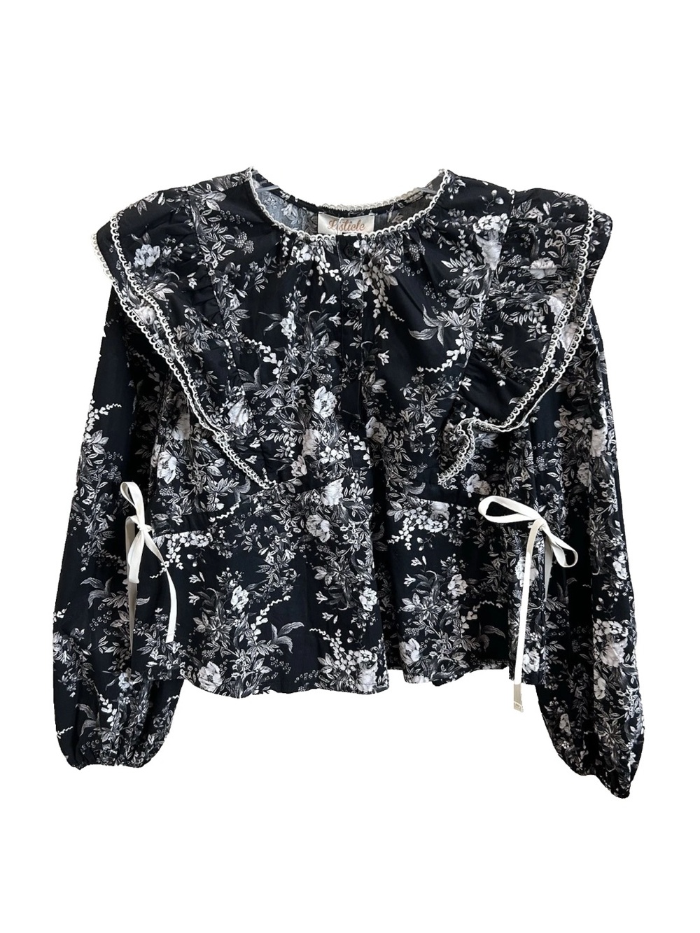 Listicle Women's Black Floral Print Babydoll Blouse Size L NWT Ruffle Coquette - Picture 2 of 7